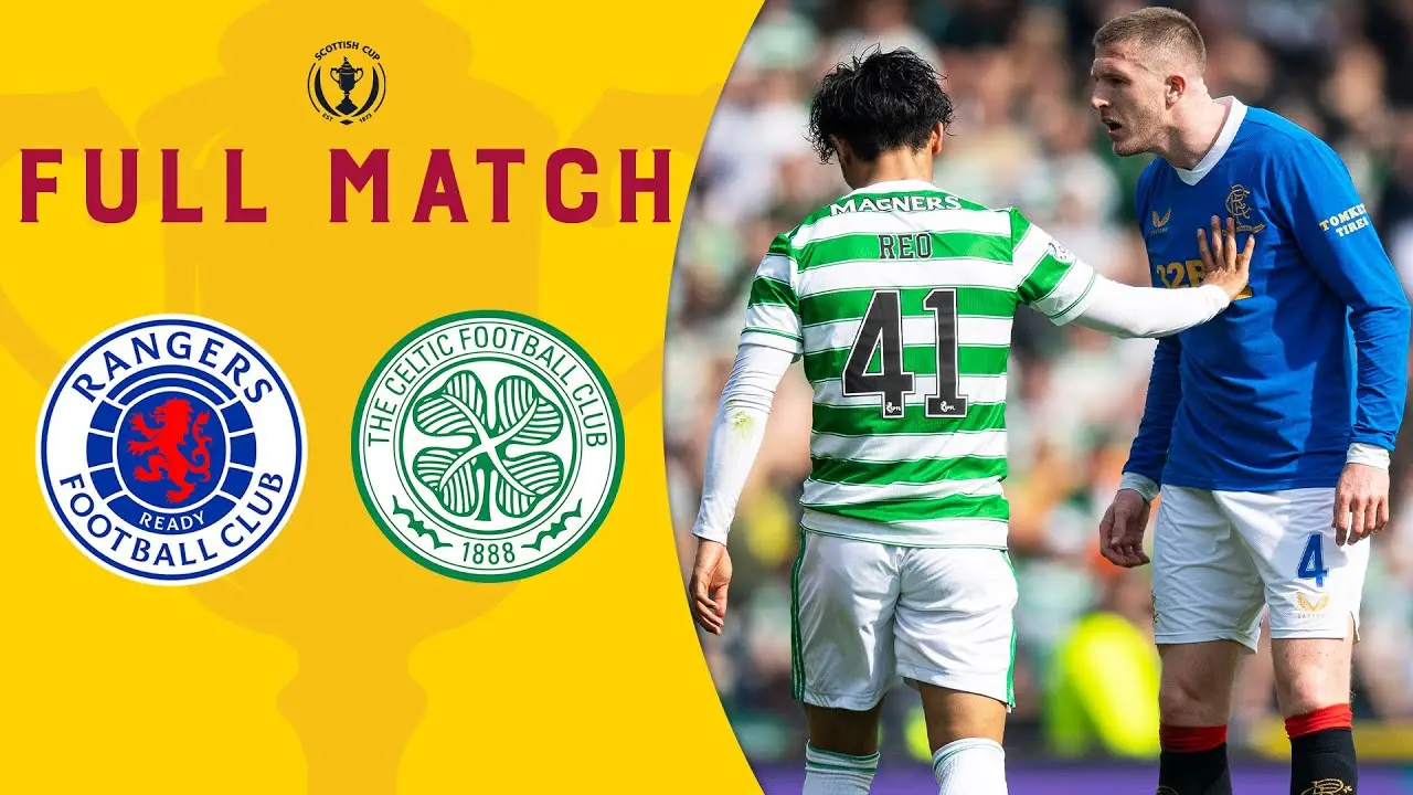 Graphic featuring Rangers and Celtic football club logos with a photo of players from both teams on a pitch.