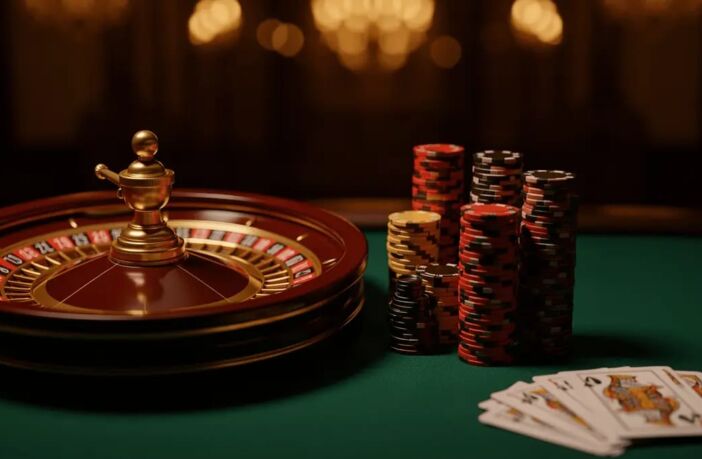 Roulette wheel and stacked casino chips on green felt — top online casinos Thailand 2026