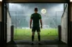 Anonymous midfielder entering a floodlit stadium, symbolising Celtic’s urgent search for a new signing