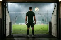 Anonymous midfielder entering a floodlit stadium, symbolising Celtic’s urgent search for a new signing