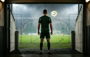 Anonymous midfielder entering a floodlit stadium, symbolising Celtic’s urgent search for a new signing