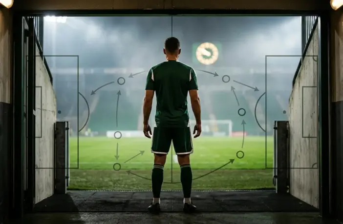 Anonymous midfielder entering a floodlit stadium, symbolising Celtic’s urgent search for a new signing