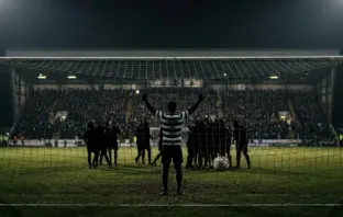 Anonymous Celtic player celebrates a hard-fought 1-0 away win under stadium floodlights