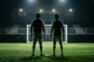 Two former footballers stand on an indoor six-a-side pitch under green stadium lights