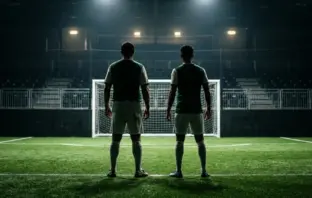 Two former footballers stand on an indoor six-a-side pitch under green stadium lights
