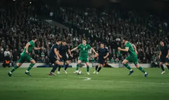 Cinematic football derby scene showing a green team battling for midfield control under stadium floodlights