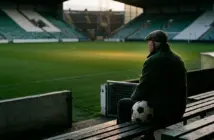 Respectful silhouette of a former footballer watching an empty green pitch from a historic stadium stand