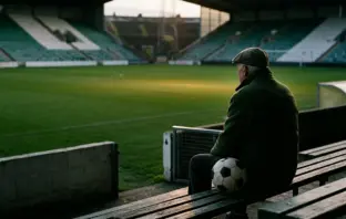 Respectful silhouette of a former footballer watching an empty green pitch from a historic stadium stand