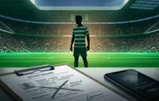 Non-identifiable Celtic player silhouette beside withdrawn scouting notes in a stadium