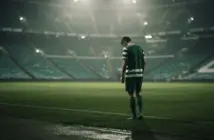 Anonymous Celtic-inspired player standing alone under stadium lights after a derby defeat