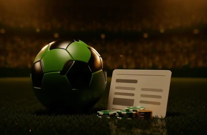 Soccer ball and betting chips on stadium turf with glowing crowd bokeh — top football betting sites 2026