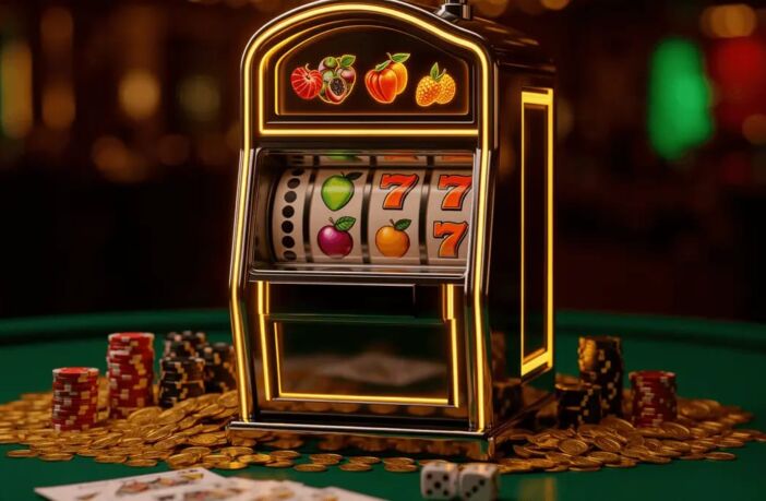 Glowing 3D slot machine with gold coins and casino chips on emerald felt, cinematic casino lighting